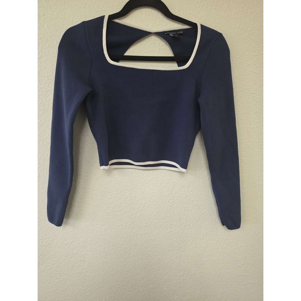 Sincerely Jules Square Neck Long Sleeve Top XS Blue Solid Blouse White Trim